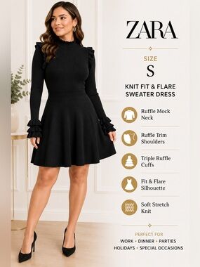 Zara Knit Black Ruffle Mock Neck Fit & Flare Sweater Dress Women’s S